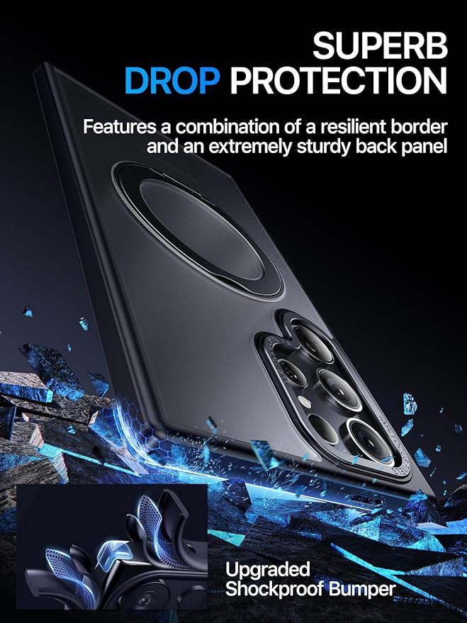 QTlier Phone case for Galaxy S24 Ultra- 360 Rotatable Magnetic Ring Stand, Military-Grade Protection, Raised Camera Frame Black