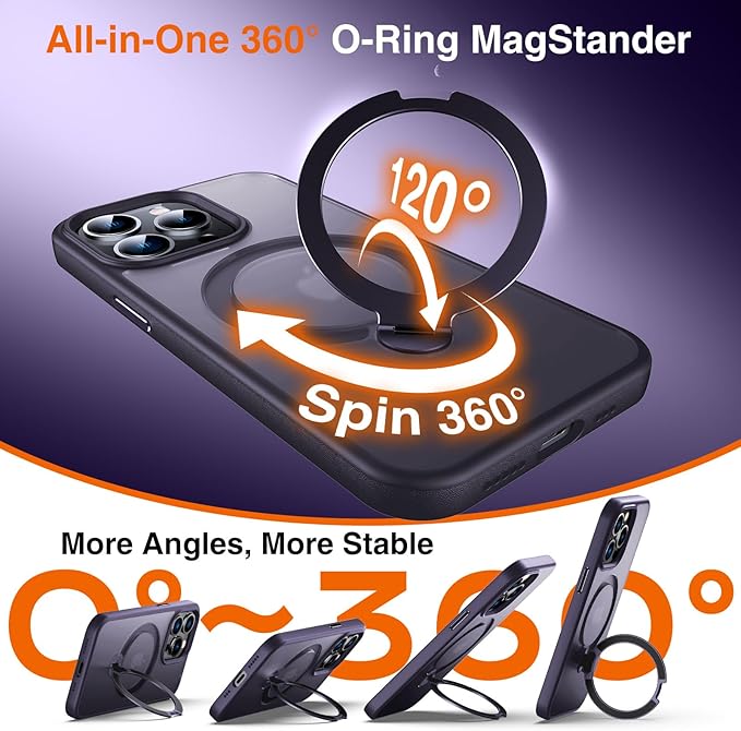 360° O-Ring MagStander for iPhone 13 Pro Case with Magnetic Kickstand Ring Holder [Compatible with MagSafe][360°Rotate Stand Ring][Military Shockproof] iPhone 13 Pro Phone Cover Matte Purple