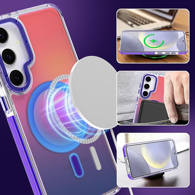 MOWIME Magnetic Case for Samsung Galaxy S24 [Compatible with Magsafe] [Cute Fashion Fluorescent Design] [1 Screen Protector] Slim Translucent Matte Case for Galaxy S24 6.2", Purple