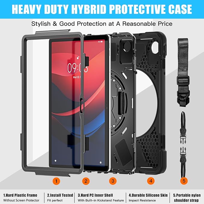 TSQQST Case for Lenovo Tab M11 (TB330FU/TB330XU) with Rotating Stand+Hand Strap | Military Grade Heavy Duty Rugged Protective Case for Tab K11 LTE 2024/ Lenovo Xiaoxin Pad 2024 (TB331FC) | Black