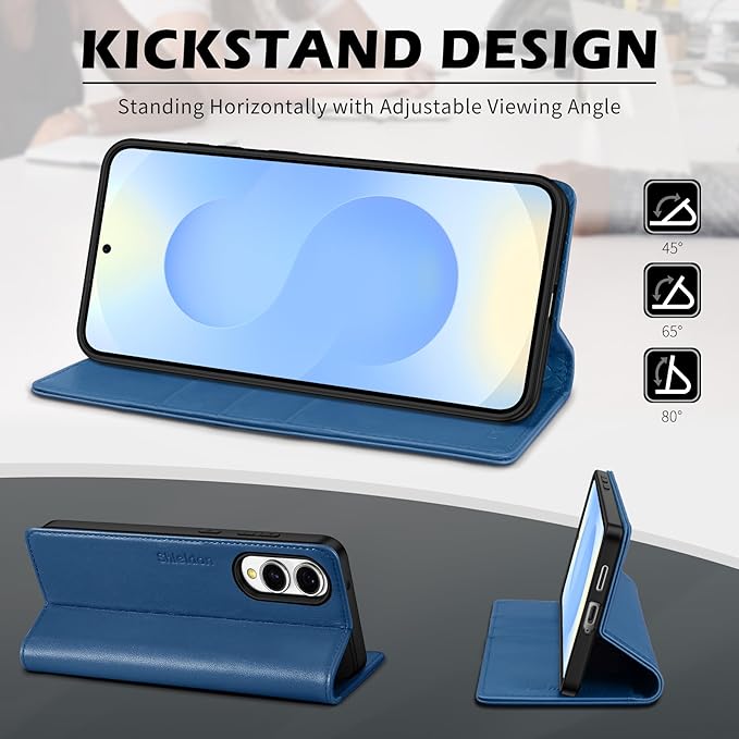 SHIELDON Case for Galaxy S25 Edge 6.7", Genuine Leather Wallet Magnetic Case with RFID Blocking Card Holder Kickstand Shock Absorbing Cover Compatible with Galaxy S25 Edge 2025 - Nappa Royal Blue
