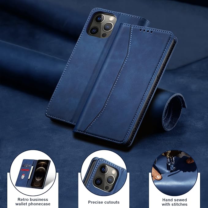 Jasonyu Flip Wallet Case for iPhone 12 Pro Max,Leather Magnetic Folio Cover with Card Holder,Kickstand - TPU Shockproof Durable Protective Phone Case,Blue