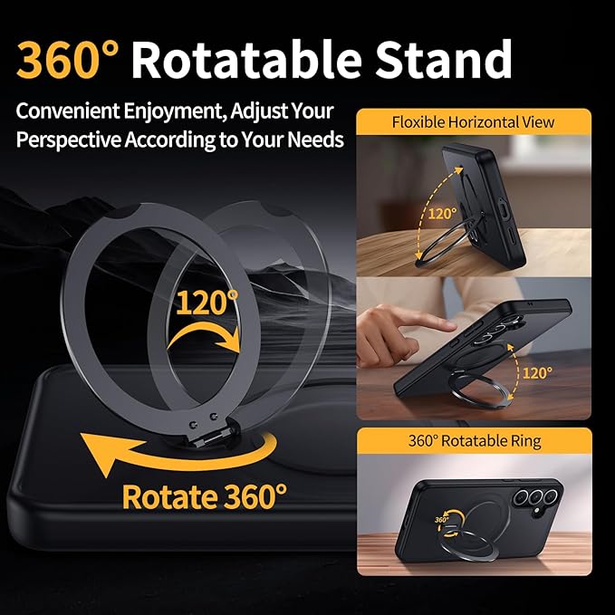 for Samsung Galaxy S25 Case,Compatible with Magsafe [Wireless Charging],with 360°Rotatable Magnetic Ring Stand Matte Translucent Slim Soft Edge Phone Kickstand,Black