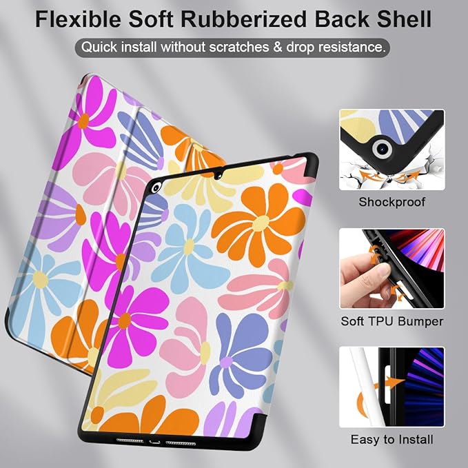 DONGKE Case Compatible with iPad 10.2 Inch 2021 2020 2019 iPad 9th/8th/7th Generation with Pencil Holder, Slim Stand Protective Case with Soft TPU Back, Auto Sleep/Wake Cover, Retro Flowers
