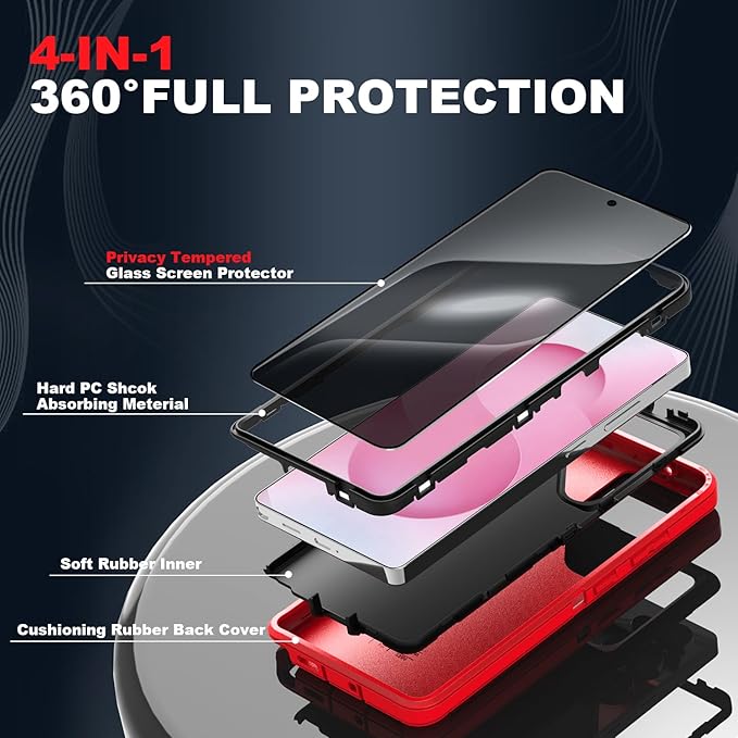 Designed for Samsung Galaxy S25 Ultra Case [with Privacy Screen Protector] 3-Layer Full Body Protection Rugged Shockproof Heavy Duty Phone Case Cover, Red/Black