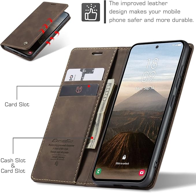 for Samsung Galaxy S25 FE Case, Flip Wallet Leather Case with Card Holder Magnetic Closure Shockproof Kickstand Protective Phone Cases Cover for Galaxy S25 FE, Coffee