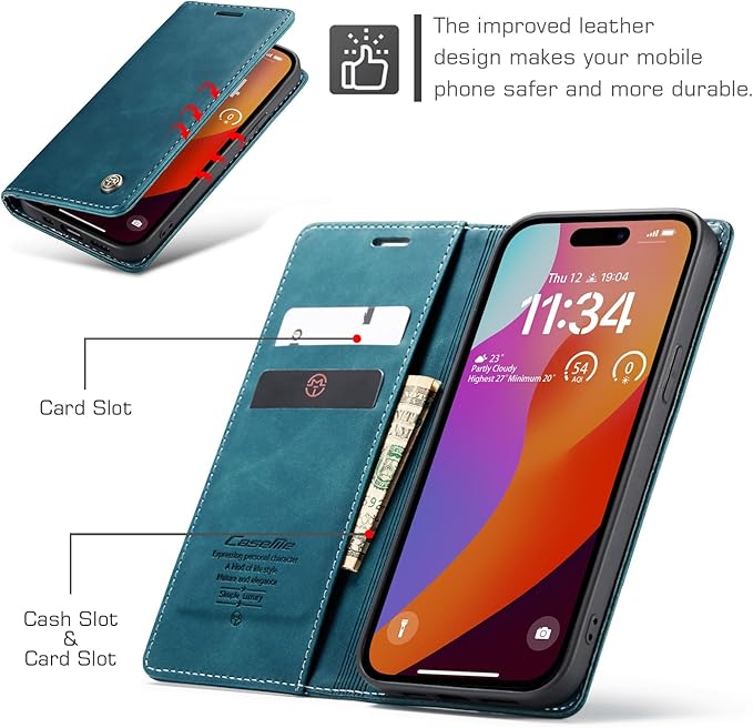 for iPhone 15 Pro Case, Flip Wallet Leather Case with Card Holder Magnetic Closure Shockproof Kickstand Protective Phone Cases Cover for iPhone 15 Pro, Blue-Green