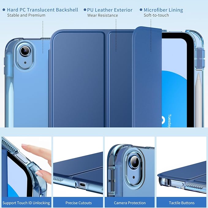 MoKo for iPad (A16) 11th Generation Case 11 Inch 2025, iPad 10th Generation Case 10.9 Inch 2022 with Pencil Holder, Slim Light Trifold Protective Cover with Hard PC Translucent Back Shell, Navy Blue