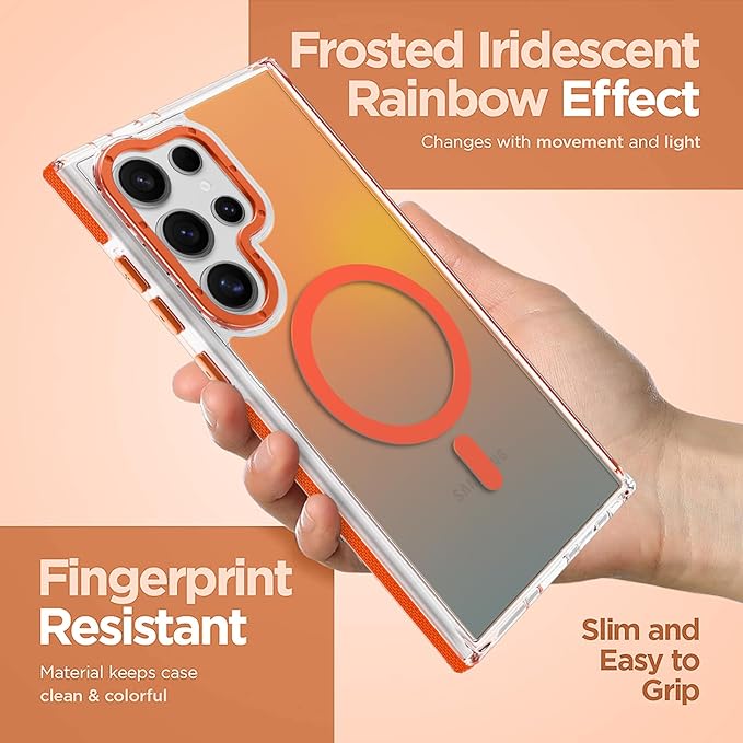 MOWIME Magnetic Case for Samsung Galaxy S24 Ultra [Compatible with Magsafe] [Cute Fashion Fluorescent Design] [1 Screen Protector] Slim Translucent Matte Case for Galaxy S24 Ultra 6.8", Orange