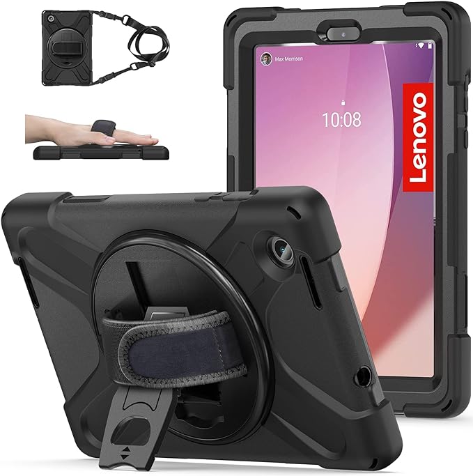 TSQQST Case for Lenovo Tab M8 4th Gen 2024/2023 Model TB301XU/TB-300FU for Kids | Full Body Protection Case with [360 Rotating Stand] & Hand Strap Function Cover for Lenovo M8 Tablet | Black