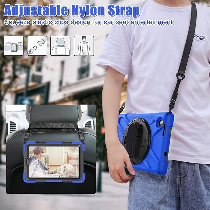 TSQQST for Lenovo M8 Tablet Case 4th Gen TB301XU 2024 Release | Heavy Duty Rugged Kids Case with Rotatable Kickstand & Hand Strap Shoulder Strap for Lenovo Tab M8 8 Inch TB-300FU 2023| Blue