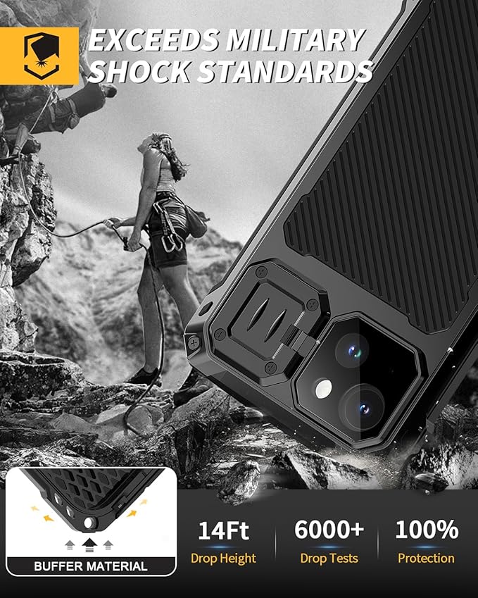 Lanhiem Magnetic for iPhone 14 Metal Case, [Built-in Camera Kickstand & Glass Screen Protector] Heavy Duty Shockproof Full Body Rugged Protective Magsafe Cover for iPhone 14 6.1" (Black)