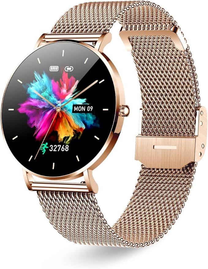 Smart Watch for Men and Women, 1.3 Inch Amoled HD Round Full Touch Screen Watch, Full Metal 6.8MM Ultra-Thin Case, Multiple Sports Modes, Compatible with Androidand iOS (Steel Gold)