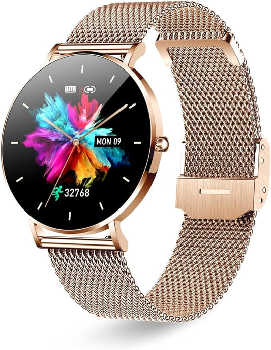 Smart Watch for Men and Women, 1.3 Inch Amoled HD Round Full Touch Screen Watch, Full Metal 6.8MM Ultra-Thin Case, Multiple Sports Modes, Compatible with Androidand iOS (Steel Gold)