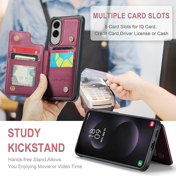 Vinich for Samsung Galaxy S25 Edge Wallet Case with Card Holder, RFID Blocking Credit Slots Kickstand Shockproof Phone Cover for Women Men, Wine Red