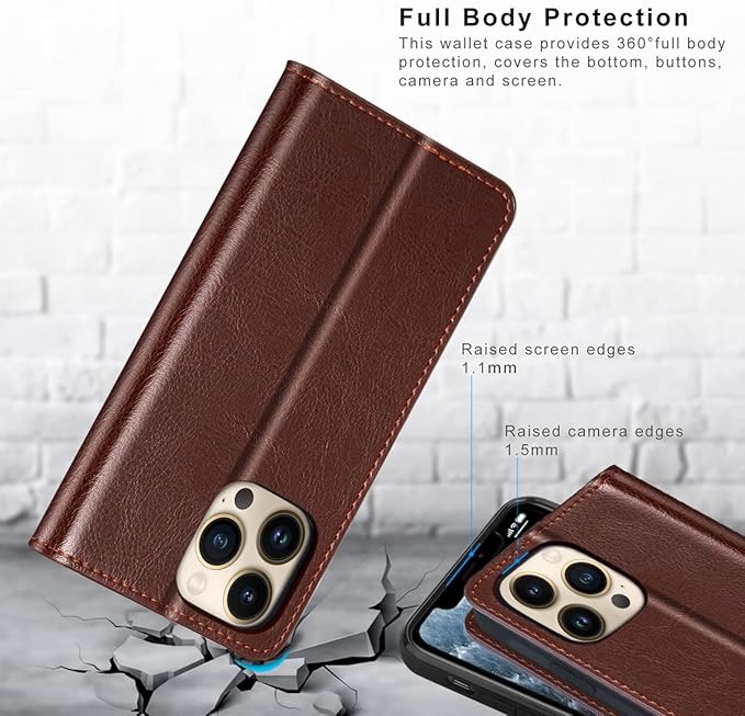 Belemay Compatible with iPhone 14 Pro Max Case Wallet-Genuine Leather Flip Case-RFID Blocking Card Holders-Shockproof TPU Shell Folio Cover Women Men Compatible with iPhone 14 Pro Max (6.7-inch) Brown