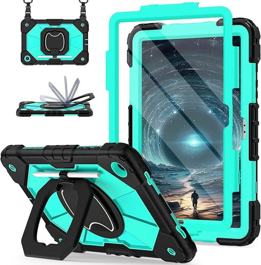 Case for Galaxy Tab A9 Plus Case 11 Inch, Rugged Galaxy A9+ Tablet Case with Screen Protector 360 Rotating Stand Shoulder Strap Pen Holder, 2023 Model(SM-X210/X216/218), Black Mint