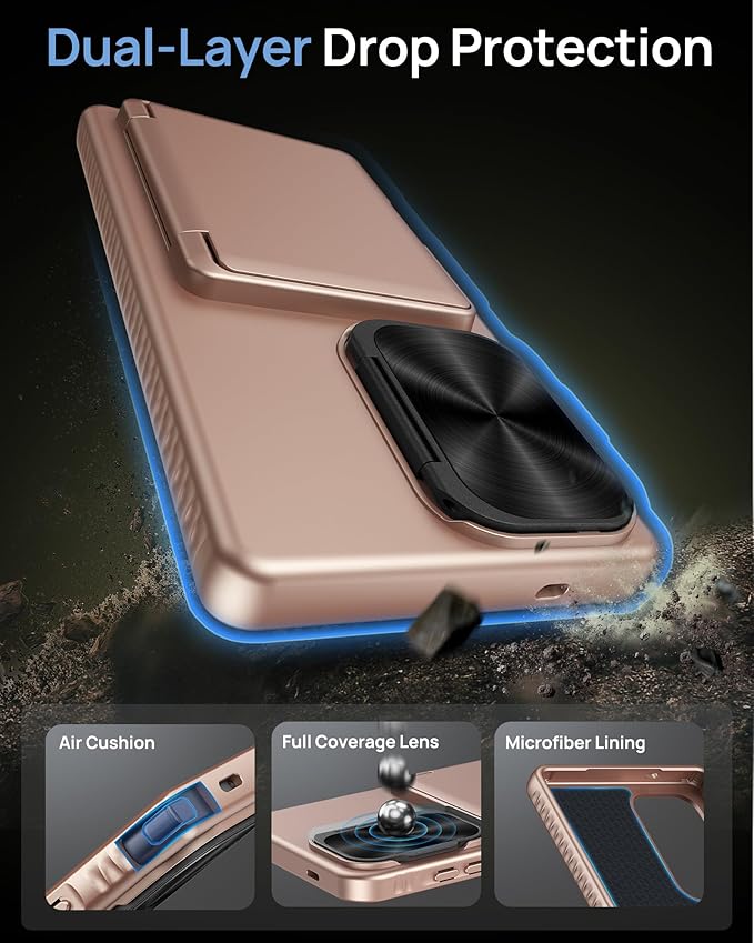 for Samsung Galaxy S25 Ultra Case with Card Holder & Camera Lens Cover Stand, Military Grade Drop Protection Shockproof Rugged Wallet Protective Phone Case for S25 Ultra 6.9" 2025, Rose Gold