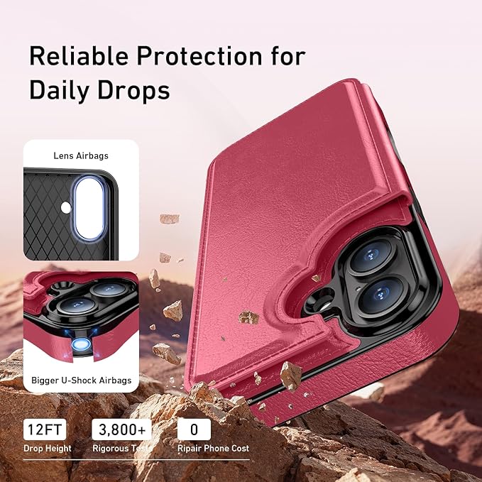 FUNMIKO for iPhone 16 Plus Wallet Case with Card Holder, RFID-Blocking, Military-Grade Protection & UV-Printed Artwork, Magnetic Closure with Leather Kickstand - Hot Pink