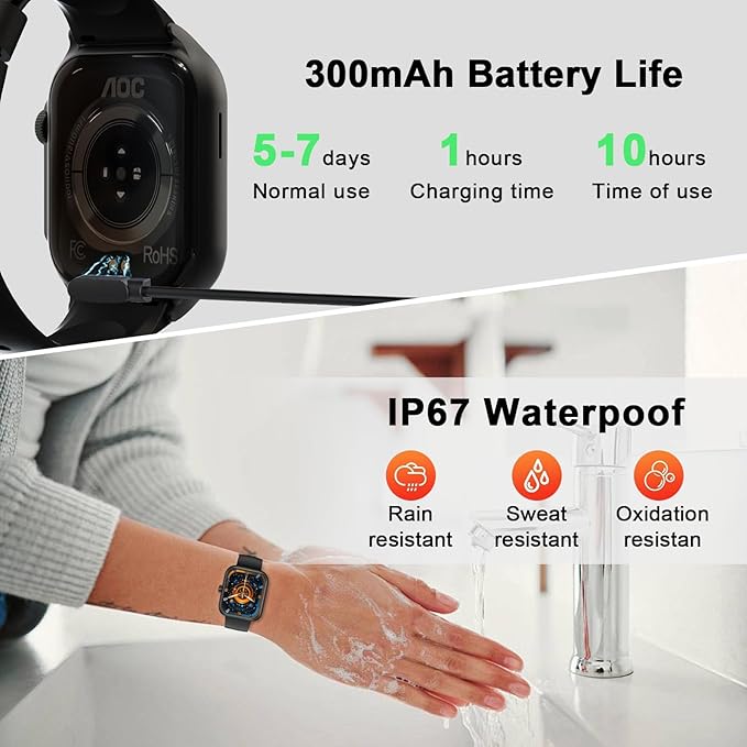 AOC Smartwatch Fitness Sports Watch E09, AI GPT Bluetooth Call, Voice Assistant‌, AMOLED 1.96 Touchscreen, Heart Rate & Sleep Monitor‌ing, IP67 Waterproof Sports Modes Smart Watch, Black