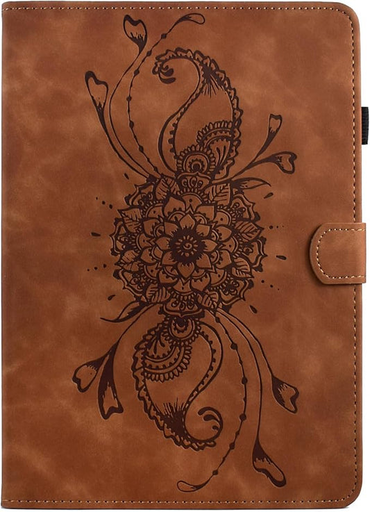 Mandala Flower Case for Galaxy Tab A9+ Plus 11 Inch 2024 2023 (SM-X210/X216/X218), for Galaxy Tab A9+ Plus Case, Cute Elegant Embossed Suede Leather Folio Stand Cover with Auto Wake/Sleep, Brown