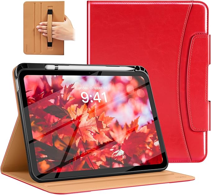 MoKo for iPad (A16) 11th Generation Case 11 inch 2025, iPad 10th Generation Case 10.9" 2022 with Pencil Holder & Pocket, Premium Leather Folio Stand Cover, Multiple Viewing Angles, Water Red