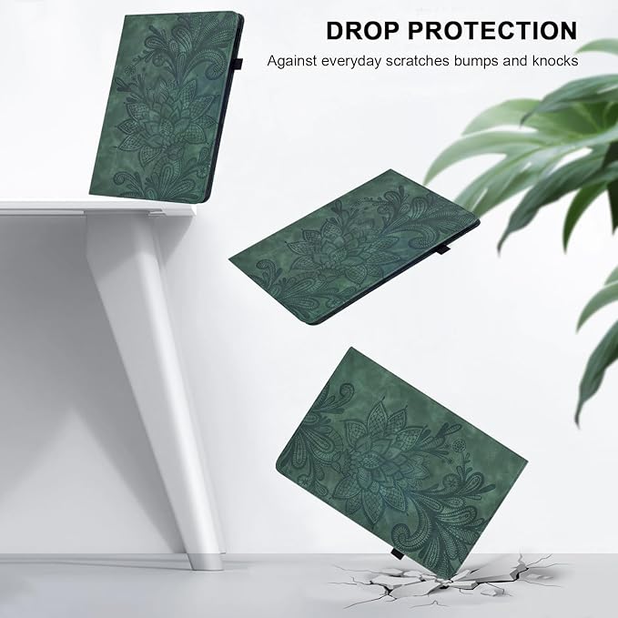 Case for Lenovo Tab M10 Plus 3rd Gen 10.6 Inch 2022 (TB125FU/128FU), Embossed Lace PU Leather Flip Folio Tablet Case with Elastic Band & Card Slots/Holder, Multi-Angle Viewing Stand Cover, Green
