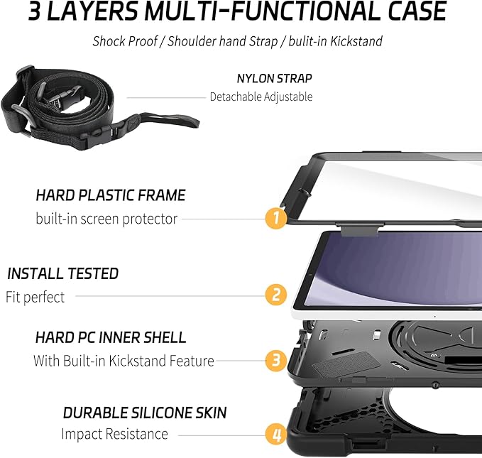 ZenRich Rugged Case for Samsung Galaxy Tab A9+/A9 Plus 11” Built-in Screen Protector Heavy Duty Full-Body Shockproof Case w/ 360°Rotating Stand, Hand/Shoulder Strap,Pencil Holder