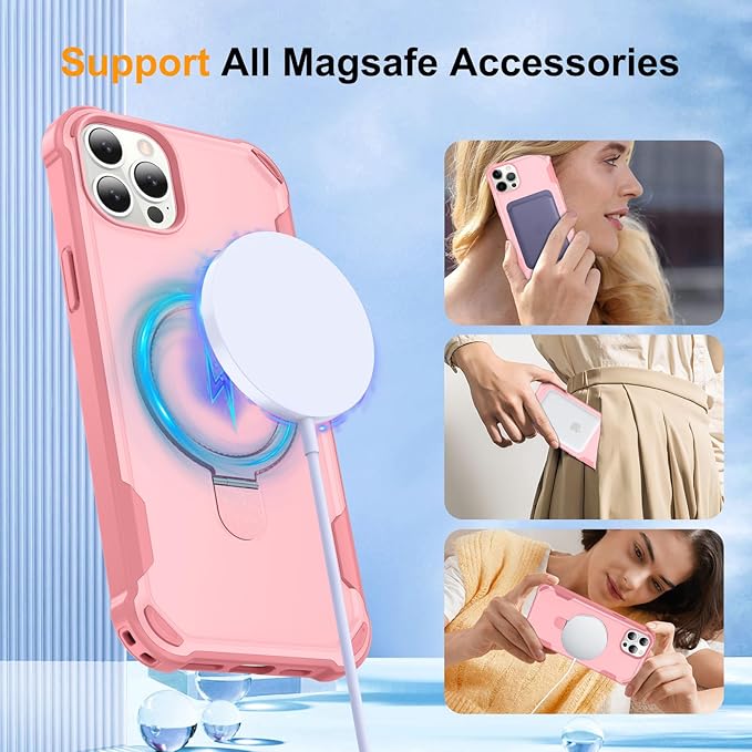 Compatible with iPhone 12 Case & iPhone 12 Pro Case with Invisible Magnetic Ring Stand [Compatible with Magnetic] [Military Drop Protection] Shockproof Hard Back Soft Edge 6.1 Inch, Pink