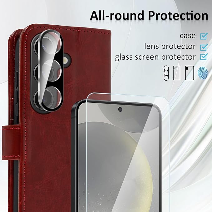 MONASAY Wallet Case Fit for Samsung Galaxy S24 5G, [Lens & Glass Screen Protector Included] [RFID Blocking] Flip Folio Leather Cell Phone Cover with Credit Card Holder, 6.2 inch, Burgundy