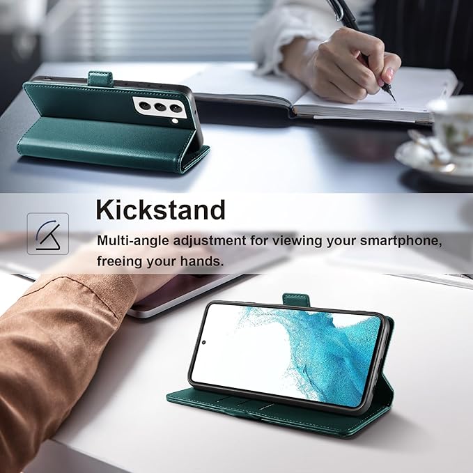 Wallet Flip Case for Samsung Galaxy S22 5G - [RFID Blocking] Luxury PU Leather Card Holder Magnetic Phone Cover with Kickstand,Shockproof Protective Case,Green