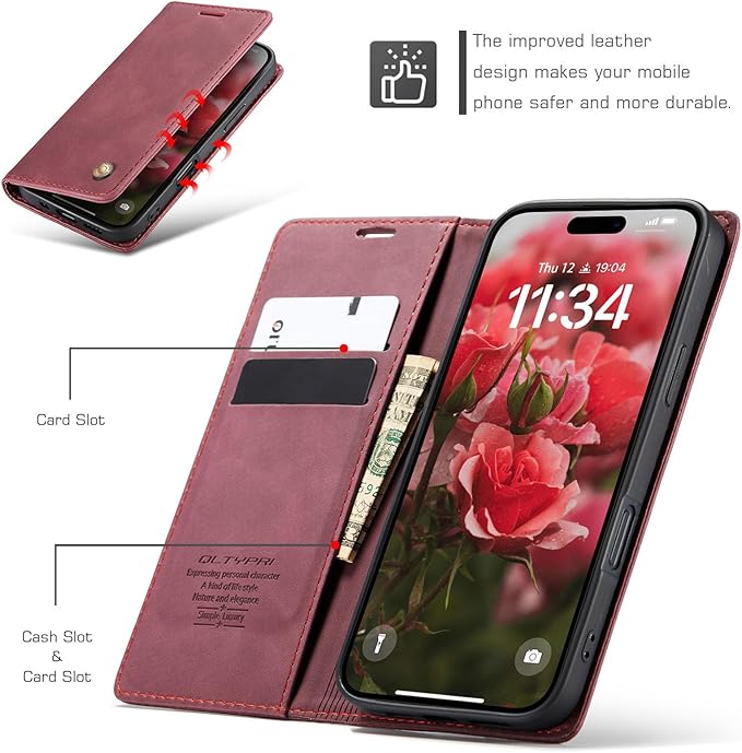 QLTYPRI for iPhone 16 Pro Max Case Wallet with Card Holder, Vintage PU Leather Kickstand Magnetic Closure Shockproof Folio Book Cover Case for iPhone 16 Pro Max - Wine Red