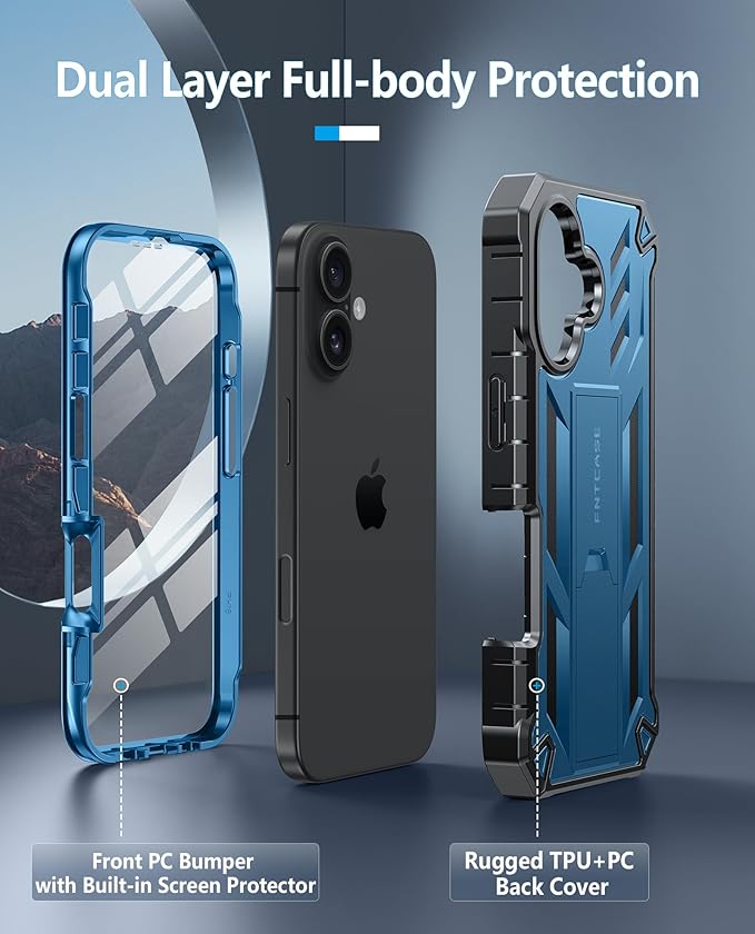 FNTCASE for iPhone 16 Phone Case: for iPhone 16 case with Kickstand Shockproof Military Grade Protective Cover - Dual Layer Full Protection Sturdy Matte Textured Drop Proof - 6.1 Inch Blue