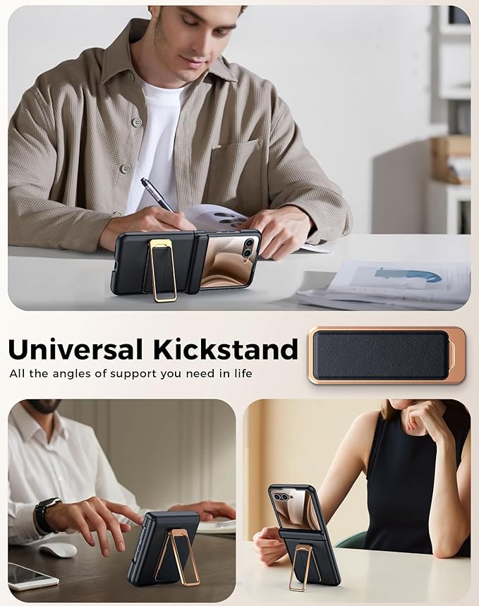 for Motorola Razr+ Plus 2025 Case/Razr+ Plus 2024 Case, Built-in Screen Protector & Hinge Protection & 360° Spin Stand & Hand Strap, Slim Leather Shockproof Phone Case for Razr+ 2025(Black)