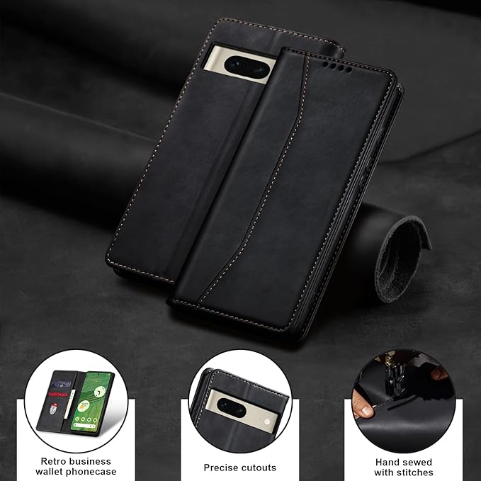 Jasonyu Flip Wallet Case for Google Pixel 7 5G,Leather Magnetic Folio Cover with Card Holder,Kickstand - TPU Shockproof Durable Protective Phone Case,Black