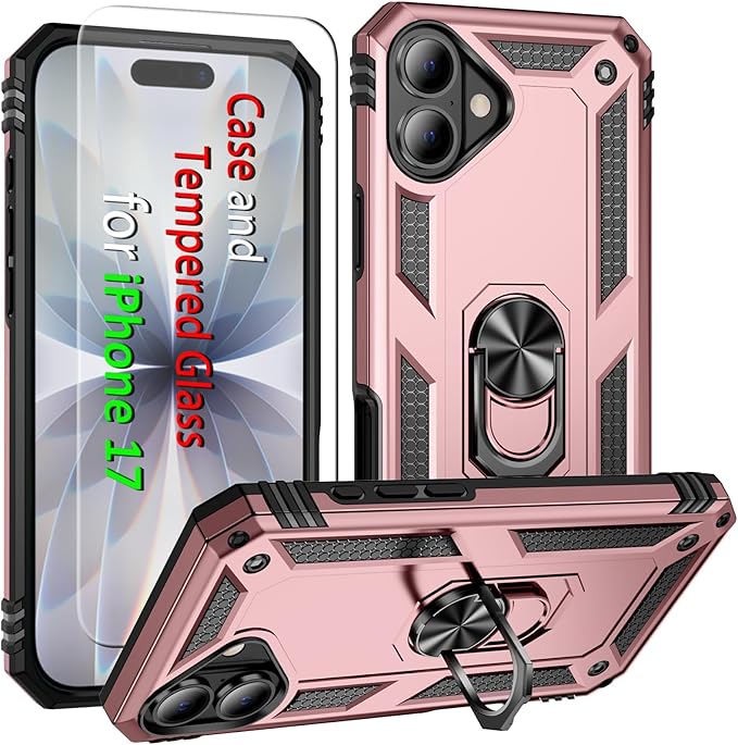 ADDIT Compatible with iPhone 17 Case with Tempered Glass Screen Protector, Adjustable Kickstand Ring, Military-Grade Heavy Duty Protection, Shockproof, Anti-Fingerprint,Rose Gold