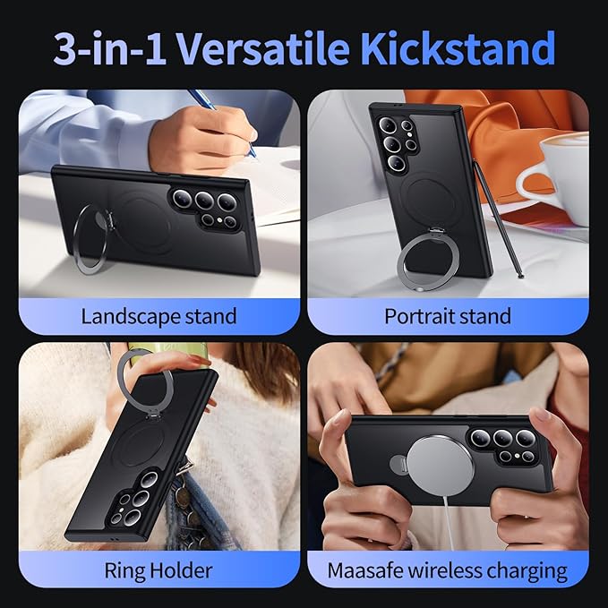 for Samsung Galaxy S25 Ultra Case,Compatible with Magsafe [Wireless Charging],with 360°Rotatable Magnetic Ring Stand Matte Translucent Slim Soft Edge Phone Kickstand,Black