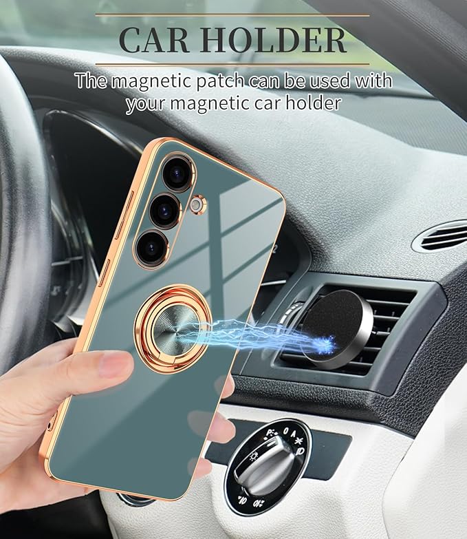 Dinick Gray for Samsung Galaxy S24 Case with Ring Holder Kickstand [with Magnetic] Soft TPU Bumper, Glitter Gold Electroplated Cover Slim Thin Protective Phone Case for Galaxy S24