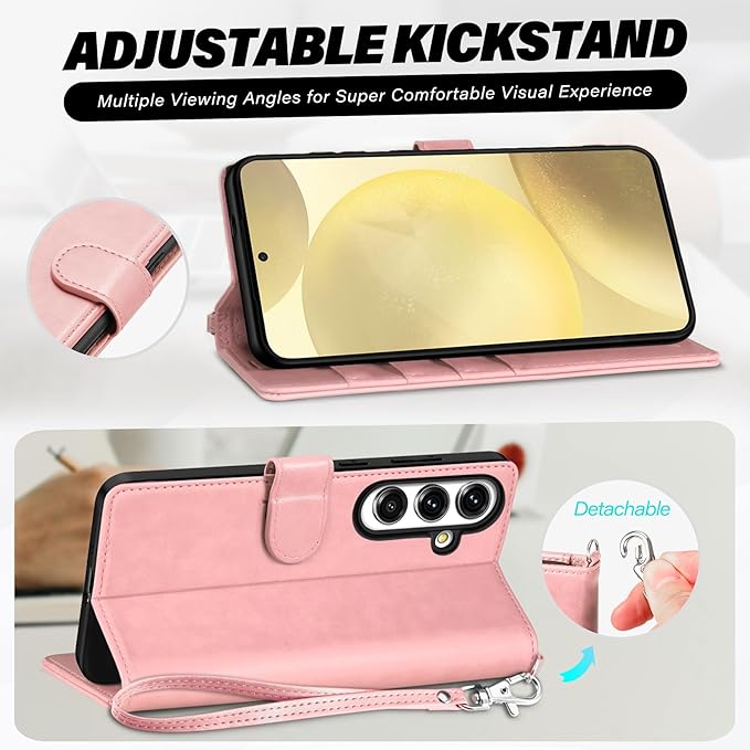 TUCCH Case Wallet for Galaxy S25 Plus, [Wrist Strap] Magnetic PU Leather Stand [RFID Blocking] Card Slot with [TPU Shockproof Interior Case] Compatible with Galaxy S25 Plus, Rose Gold with Wristlet