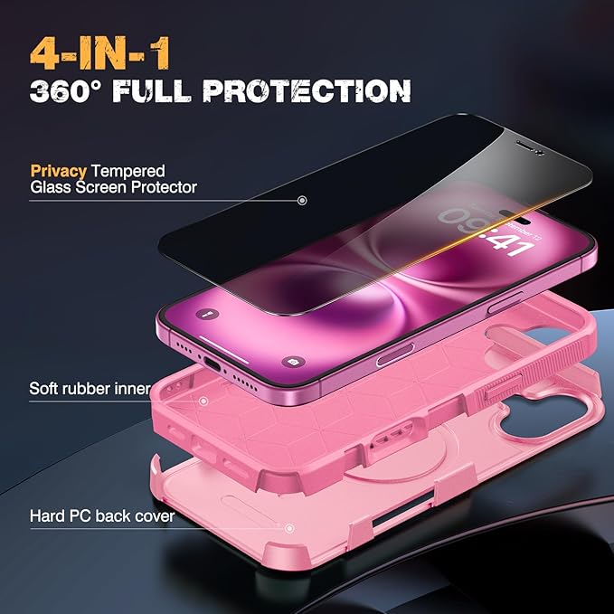 Diaclara Magnetic for iPhone 16 Plus Case, [with Privacy Screen Protector] [Anti Spy] [Military Grade Drop Protection] Heavy Duty Full-Body Shockproof Phone Case, Magnetic Pink