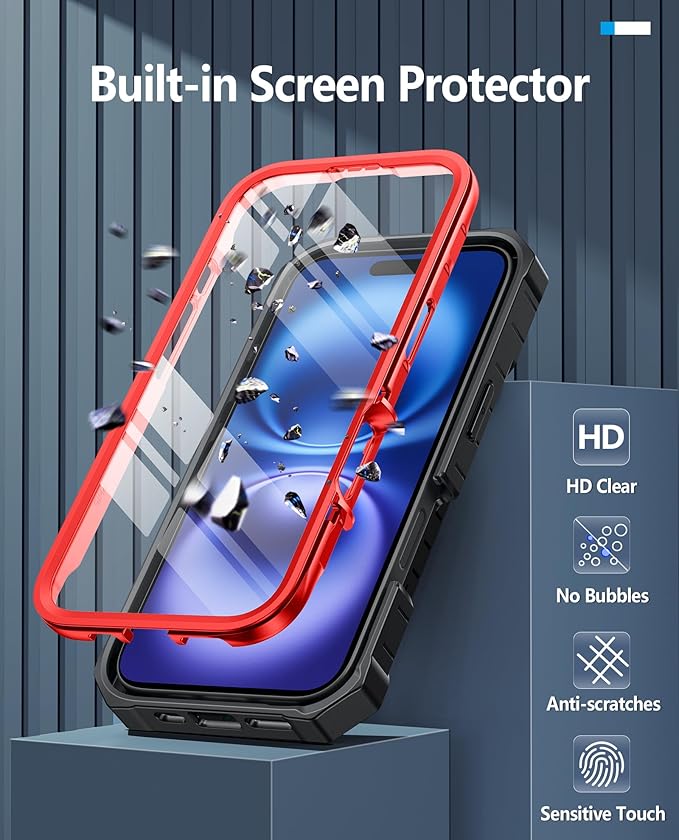 FNTCASE for iPhone 16 Phone Case: for iPhone 16 case with Kickstand Shockproof Military Grade Protective Cover - Dual Layer Full Protection Sturdy Matte Textured Drop Proof - 6.1 Inch Red