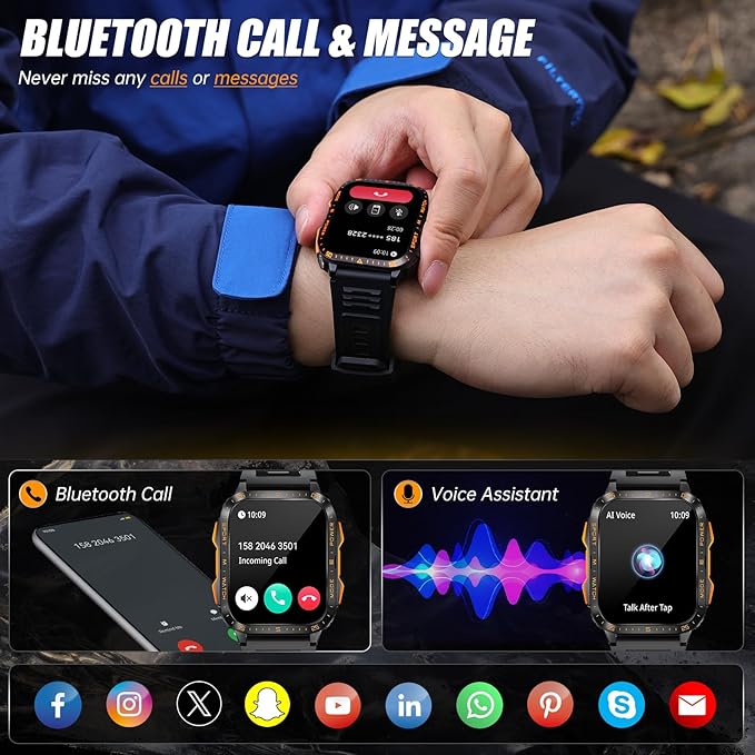 Military Smart Watch for Men with Call/LED Flashlight 1.96" Big Screen 3ATM Waterproof Rugged Tactical Smartwatch Fitness Tracker with HR/Sleep Monitor for iPhone Android
