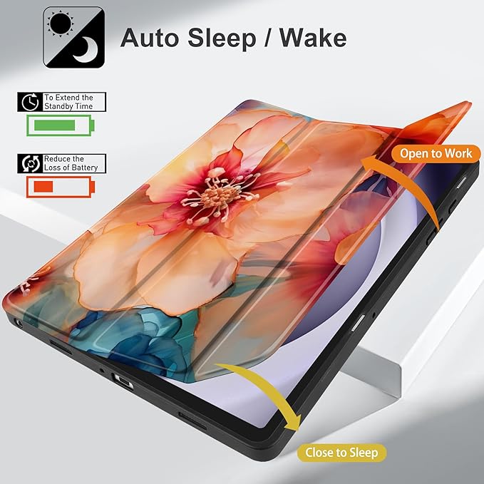 MEEgoodo Case for Samsung Galaxy Tab A9 Plus 11 inch Cover 2024 2023 with S Pen Holder, A9+ Smart Tablet Cases with Leather Trifold Stand+Soft TPU Back Shell+Smart Auto Wake/Sleep,Ink Colorful Flowers