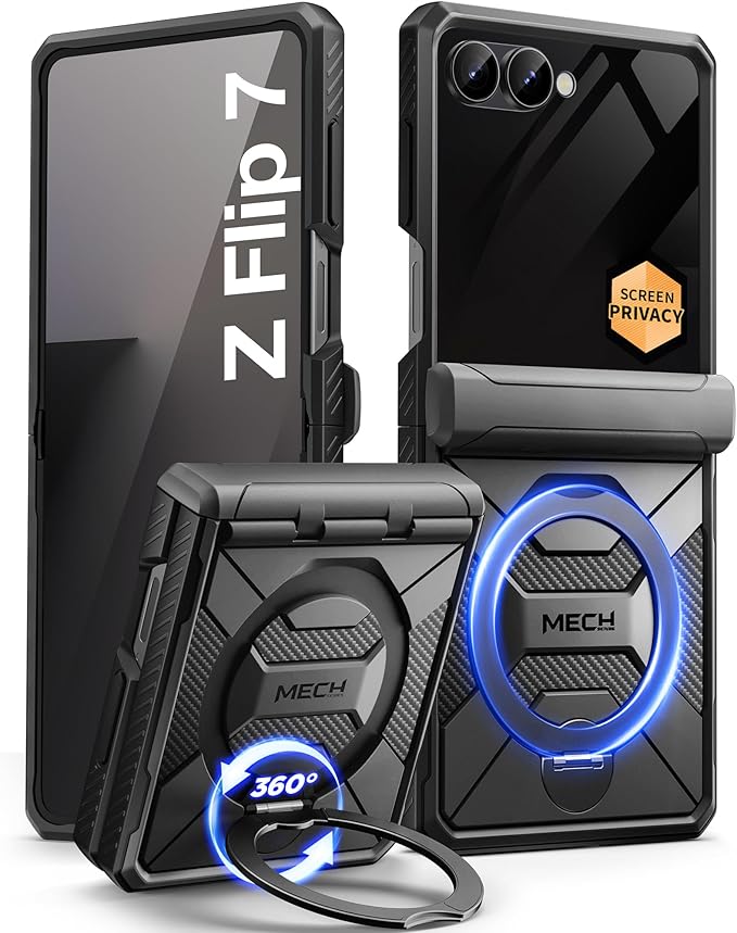 TONGATE 360° Spin Magnetic Stand for Z Flip 7 Case with Privacy Screen Protector, [Compatible with Magsafe] [Anti Spy] Full-Body Shockproof Samsung Galaxy Z Flip 7 Case with Hinge Protection, Black