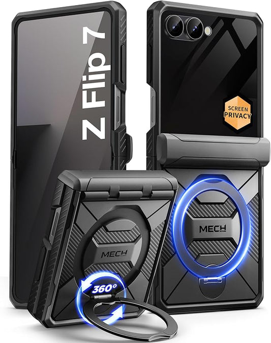 TONGATE 360° Spin Magnetic Stand for Z Flip 7 Case with Privacy Screen Protector, [Compatible with Magsafe] [Anti Spy] Full-Body Shockproof Samsung Galaxy Z Flip 7 Case with Hinge Protection, Black