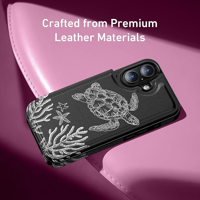 FUNMIKO for iPhone 16 Plus Wallet Case with Card Holder, RFID-Blocking, Military-Grade Protection & UV-Printed Artwork, Magnetic Closure with Leather Kickstand - Swimming Sea Turtle