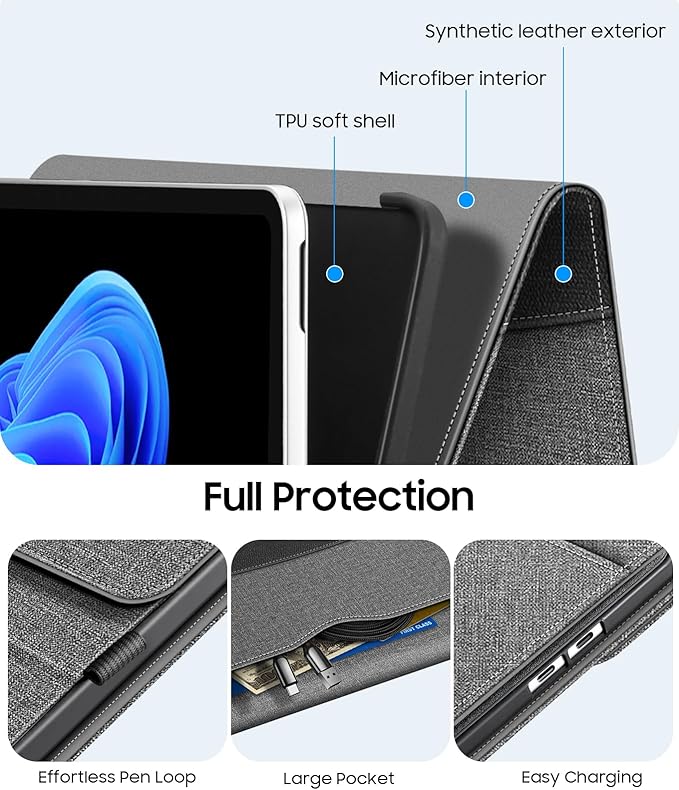 Fintie Protective Case for Microsoft Surface Pro 12 Inch (2025), Multi-Angle Viewing Portfolio Business TPU Back Cover with Pocket & Stylus Holder, Compatible with Type Cover Keyboard (Gray)