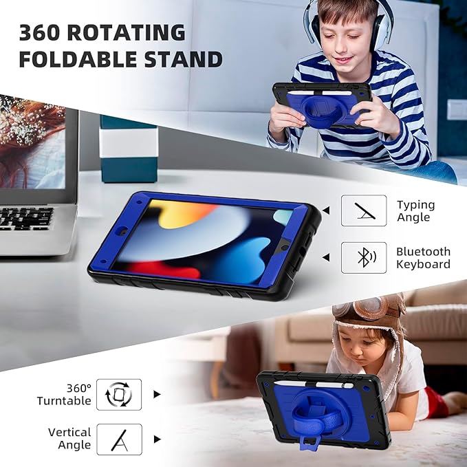Case for iPad 9th/8th/7th Generation-Built-in Screen Protector,with Pencil Holder&360°Rotating Hand Strap,Shoulder Strap,Case for iPad 10.2 inch 2021-2019(Black/Blue)