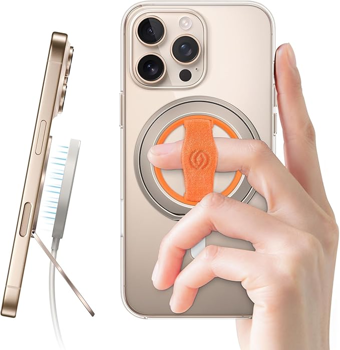 EWA MagOne 3rd Gen [Compatible with MagSafe] Phone Grip Stand with Finger Strap, Removable Magnetic Ring Holder Kickstand Loop for iPhone 16,15, 14, 13, 12 Series-(Gold-Orange)