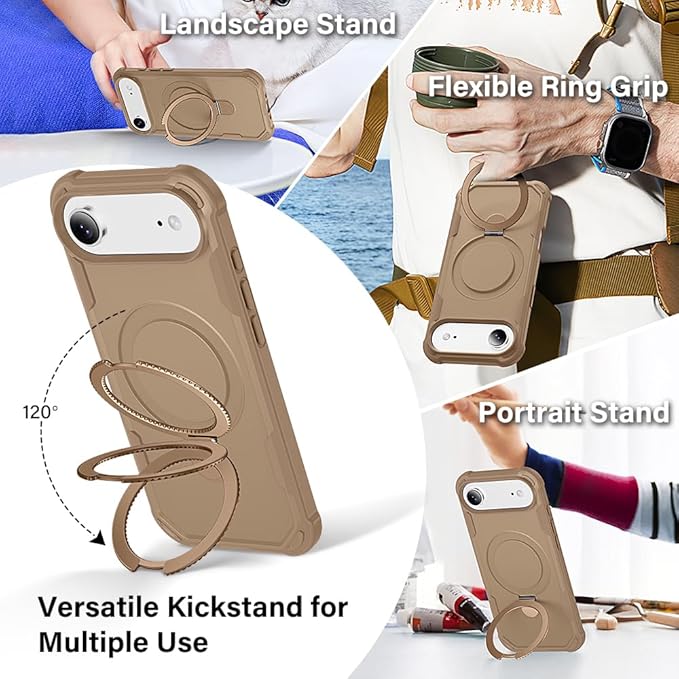 Designed for iPhone 17 Air Case with Magnetic Stand [Military Drop Protection][Compatible with Magnet] Shockproof 17 Air Phone Case with Ring Holder, Khaki